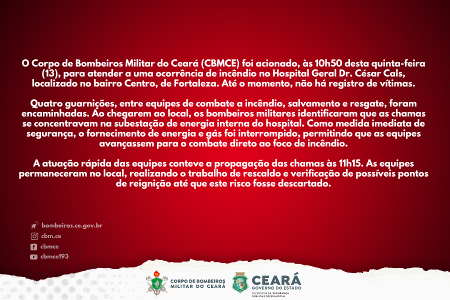 NOTA OFICIAL: Incêndio no HGCC